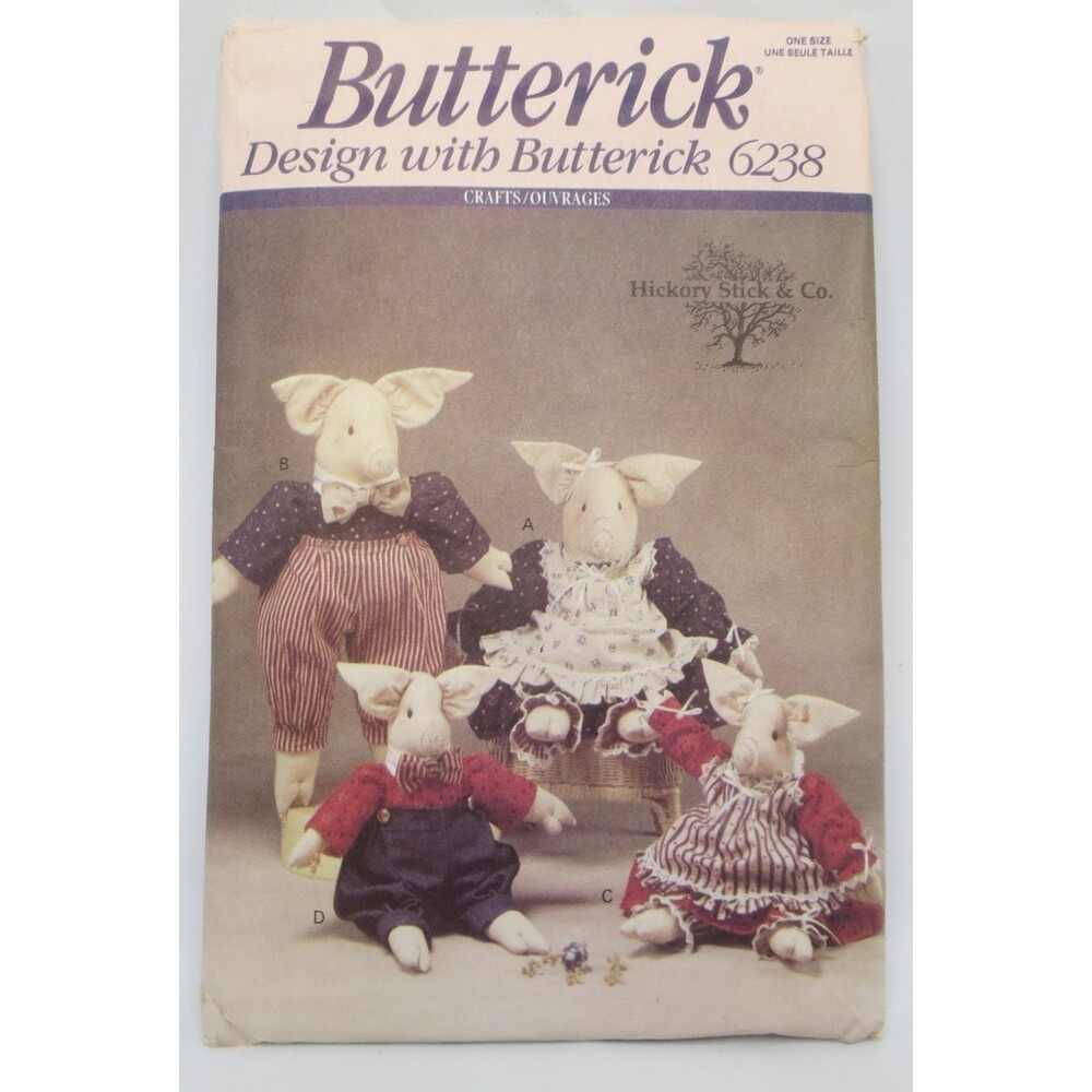 Butterick 6238 Country Pigs Stuffed Animal Craft Pattern One Size 1992 Vintage